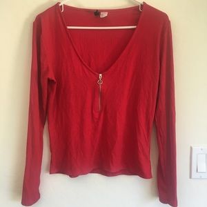 Red Zipper Ribbed Crop Top- Long Sleeves